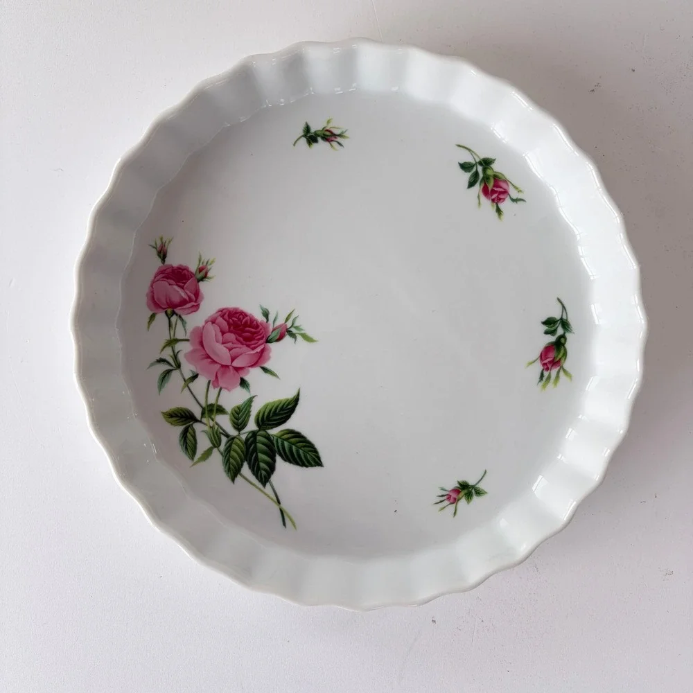 Christineholm Rose Porcelain Quiche Tart Dish White Pink Floral Fluted 9.5 inch
